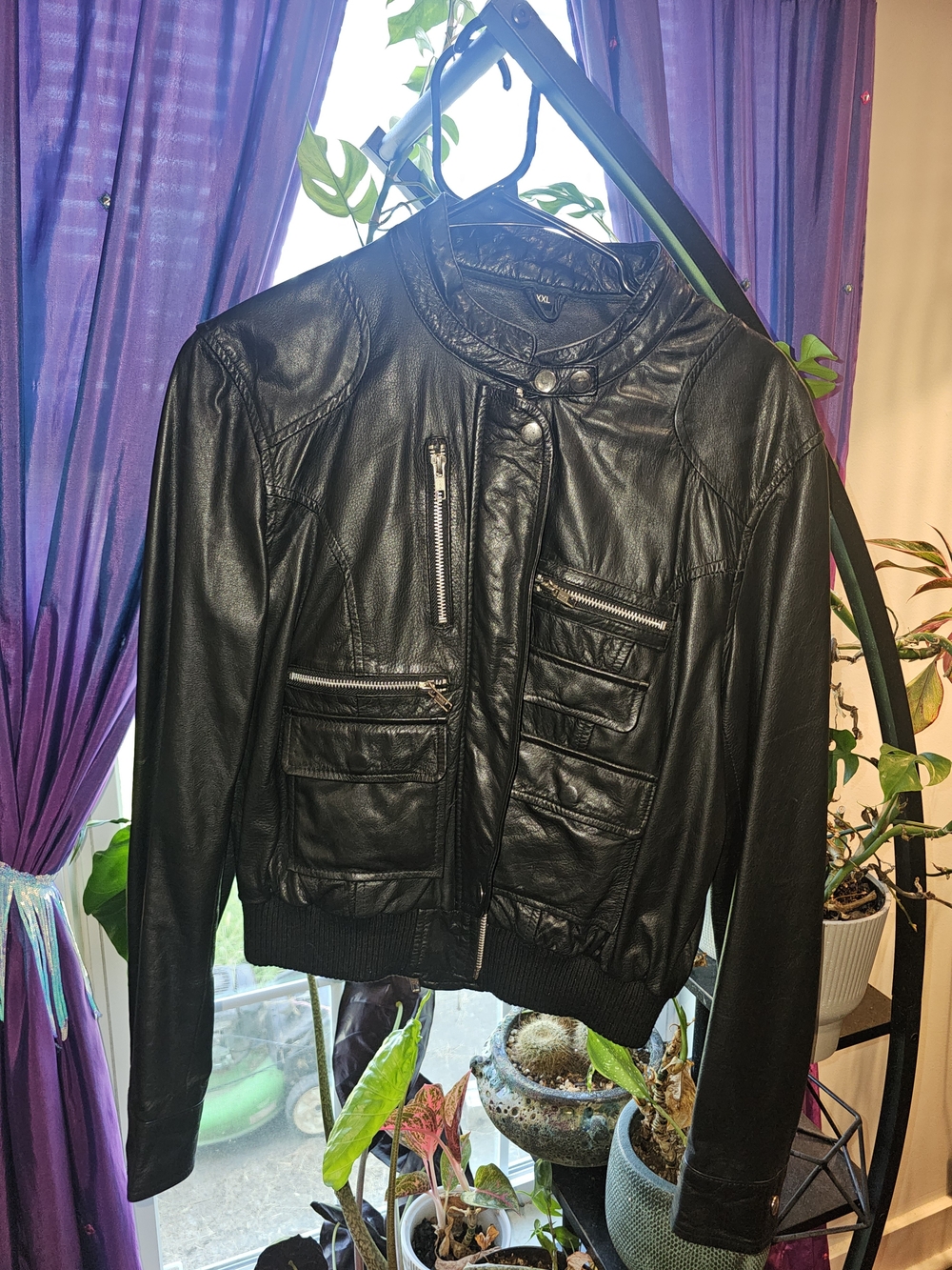Women's Black Leather Bomber Jacket with Multi-Pocket Detail